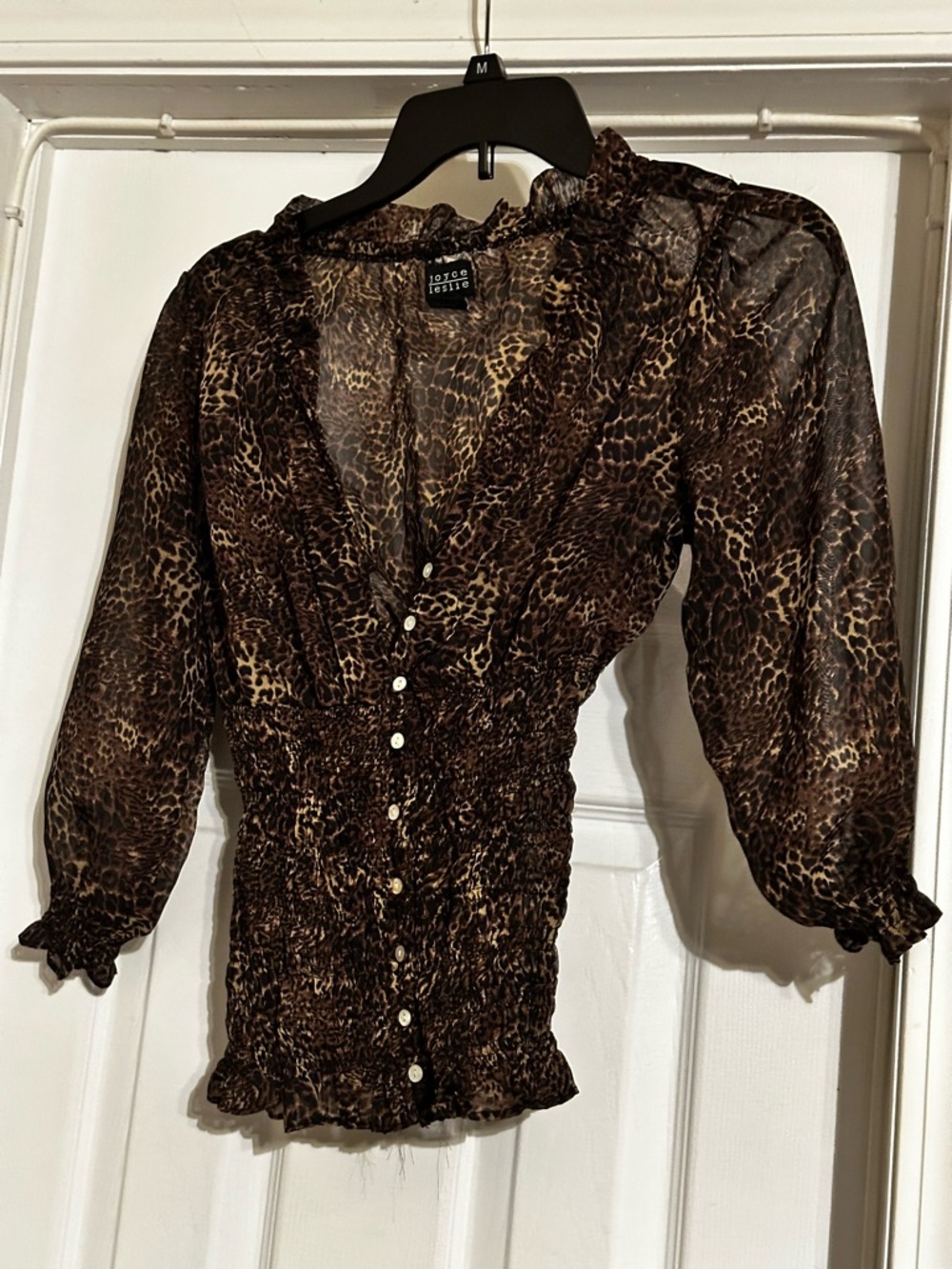 M Joyce Leslie Leopard Print Sheer Ruched Blouse Y2K Smocked Waist Top
